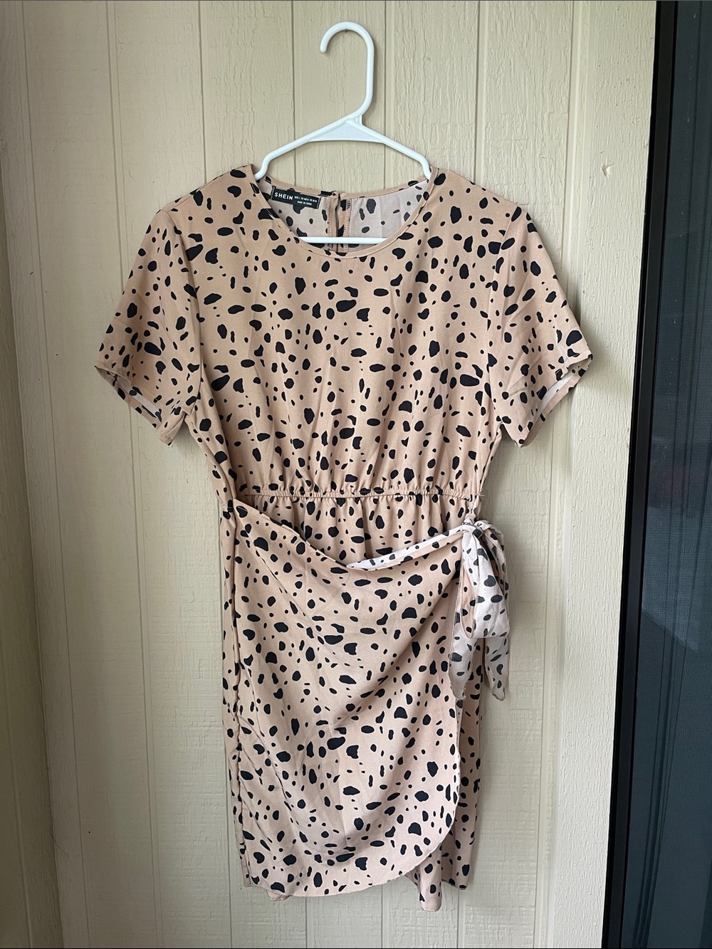 SHEIN Beige Mini Dress with Black Spot Print and Side Tie